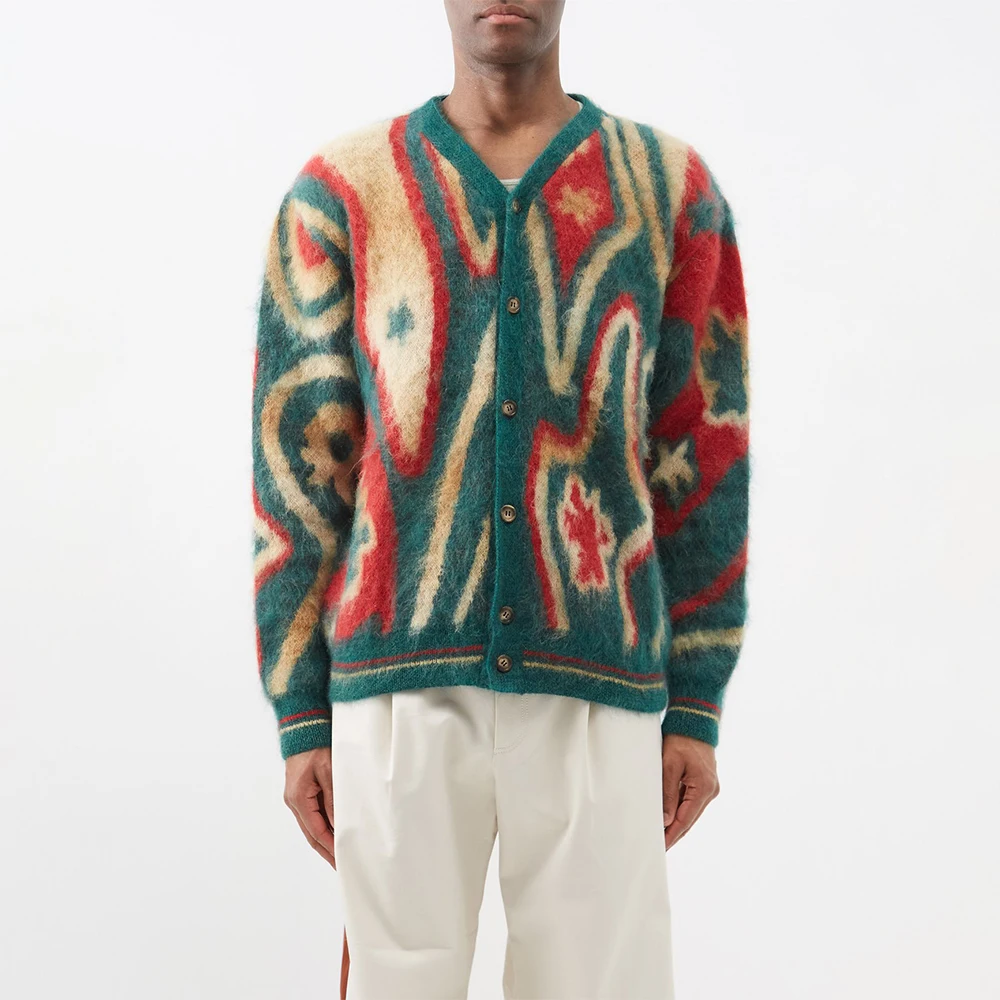 VSCOO hip hop street long sleeve fuzzy mohair Green patterned sweater cardigan custom college sweaters for men