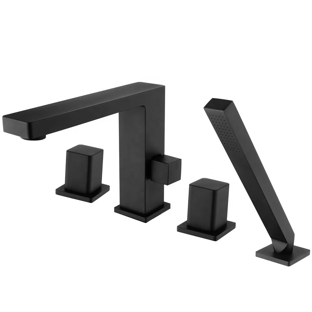 Luxury Unique Design Water Bath Tub Mixer 4 Holes Deck Mounted Matte Black Brass Bathtub Faucet Set