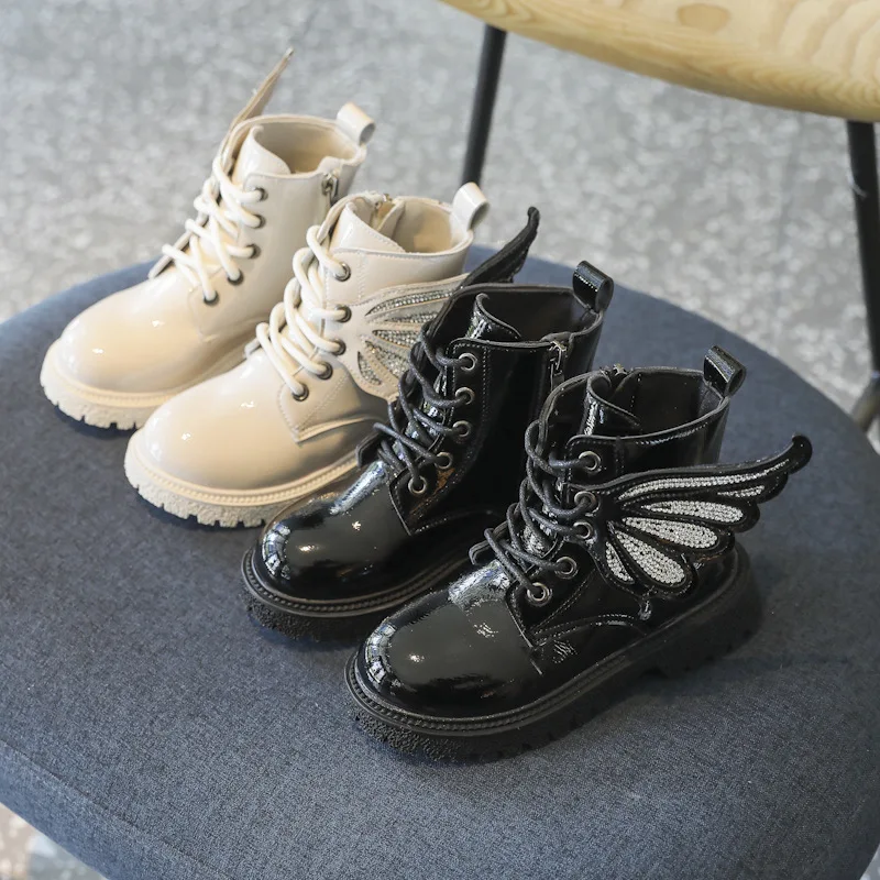 Children Shoes Fashion Black Patent Leather Toddler Girls Kids Wing Boots