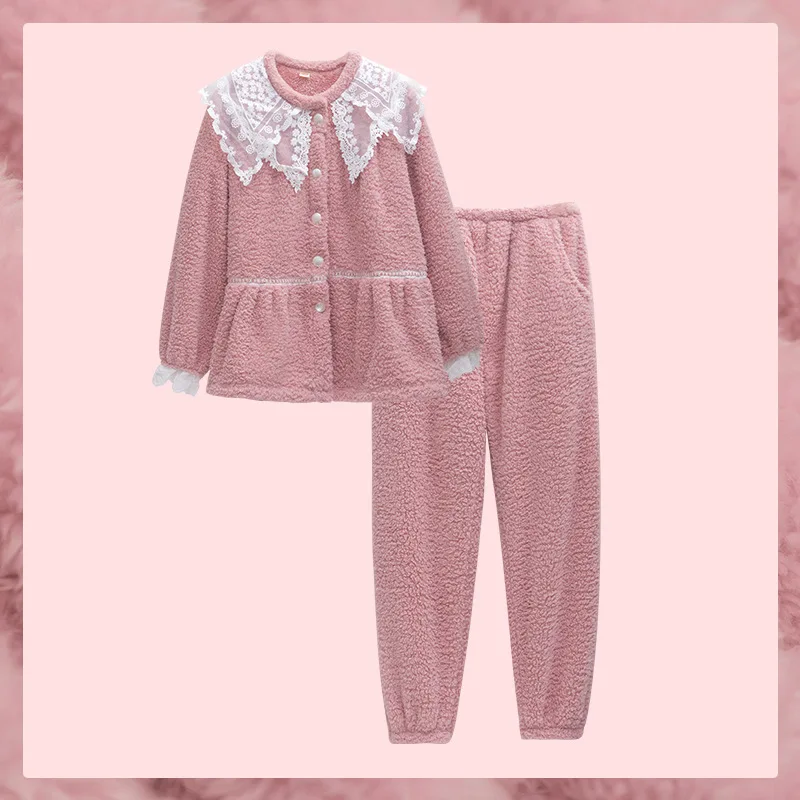 Winter coral fleece lace pajama plus size sleepwear women leisure wear