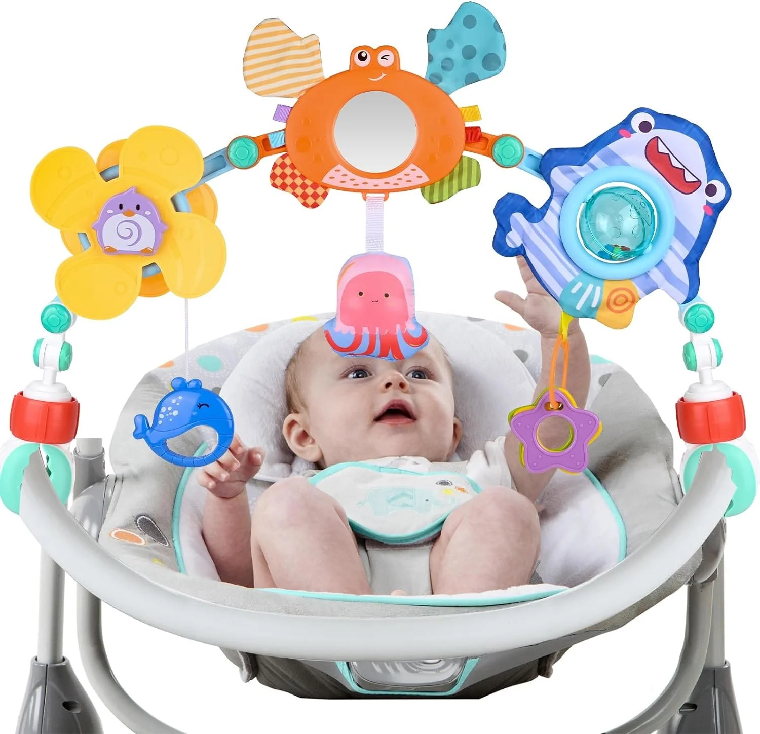 Infant Carseat Toy Adjustable Baby Crib Mobile Activity Travel Arch with Mirror Crab And Shark Rattle Baby Play Arch