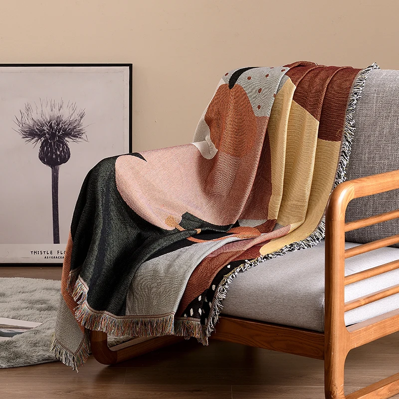 wholesale abstract thick hand woven photo plaid sofa blanket set