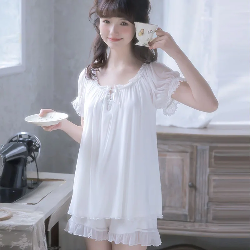 Summer Girls Two Pieces Short Sleeve Pajamas With Slash Neck Bow Solid Women Homewear Of Thin Soft Elastic Loose Home Clothing