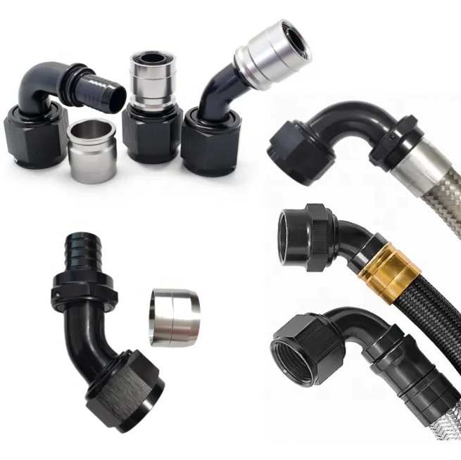 Logo print black anodized an6 an8 an10 an12 90degree an female aluminum crimp fitting hose end for ptfe nylon braided hose