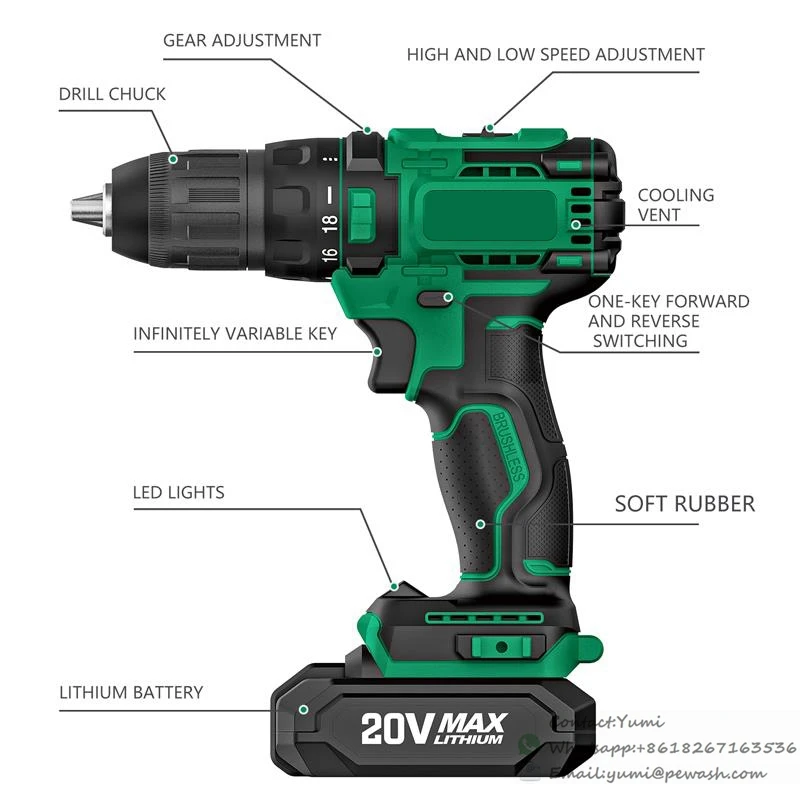 Worksite Customized Brushless Cordless Drill 20V Battery Hammer Screw Driving Power Drills Drilling Machines