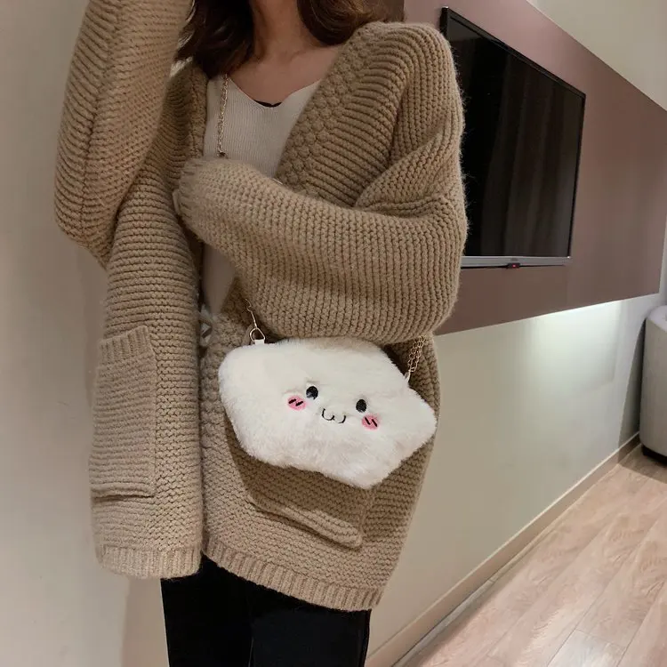 2021 Wholesale Designers Cartoon Plush Girls Chain Cloud Shape Smile Fur Kids Purse Crossbody Bag Mini