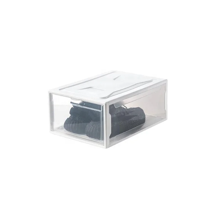 New design practical durable dy197 plastic shoe box with clear drop front door