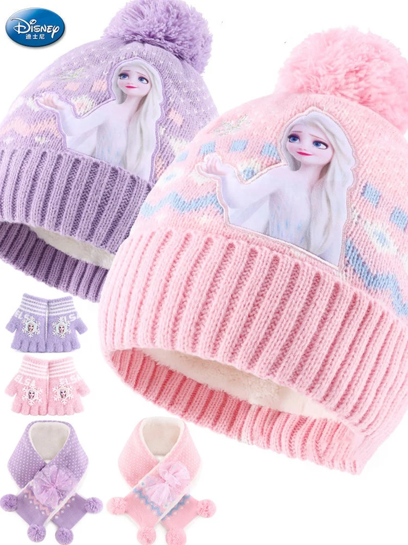 Disney FAMA Factory Princess Girls Cartoon Hat Scarf Set Winter Velvet Cold Earmuffs Fashion Casual Kawaii Plush Hats Boy