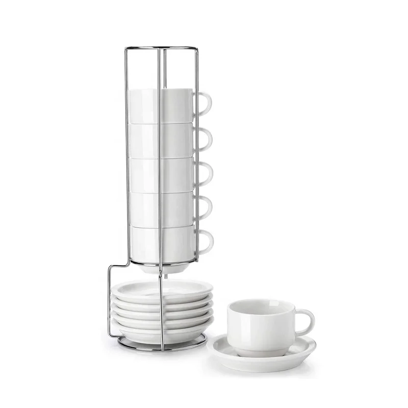 Porcelain Stackable Espresso Cups with Saucers and Metal Stand - 4 Ounce for Specialty Coffee Drinks, Single/Double Espresso