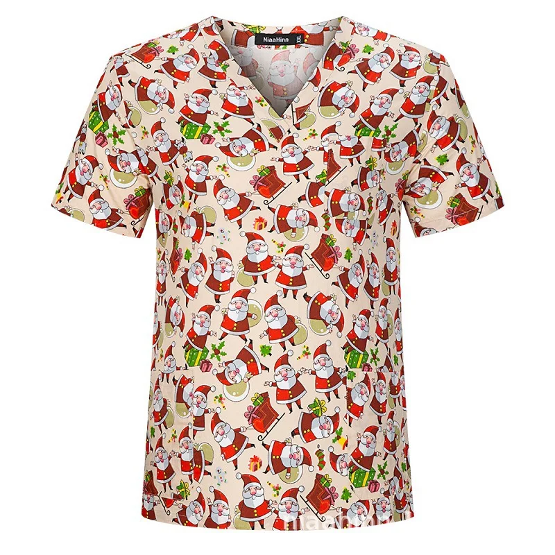 Medical Scrub Top Hospital Nurse Uniform Christmas Cartoon Print Half Sleeve V Neck Medical Uniform