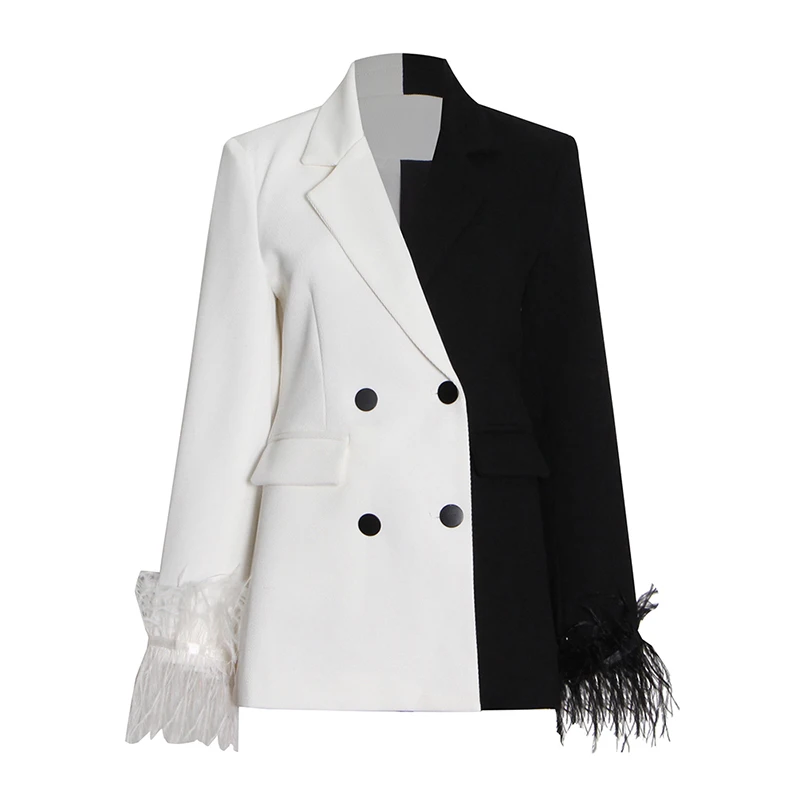 CHICEVER Ostrich Hair Cuff Black And White Classic Collision Color Plus Size Feather Womens Blazers Jacket Ladies Women