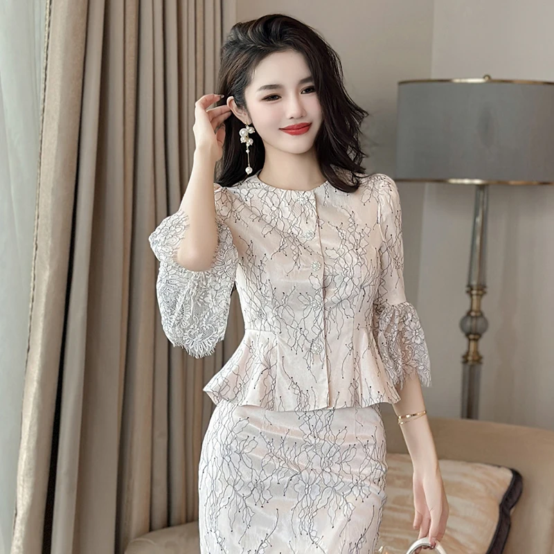 ZYHT 70046 Lace Sheer Layer Half Trumpet Sleeves Floral Print Short Coat Retro Style Button Up Jacket for Women