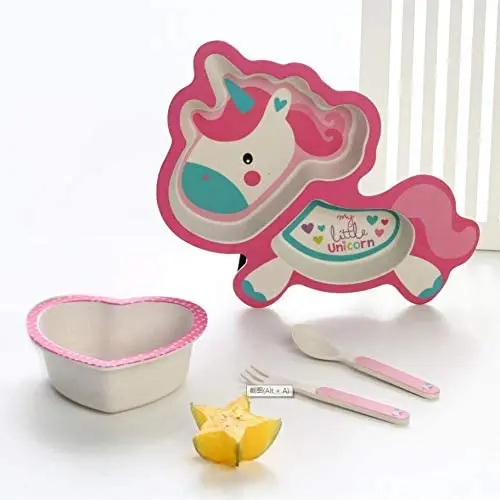 2022 5-Piece Kids Plate Set Bamboo Toddler Plates Dinnerware Set Unicorn Horse Plate Bow Cup Fork Spoon