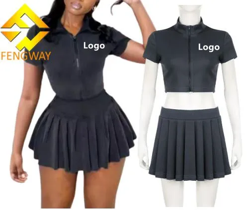 2024 Summersets for women  2 Piece Skirt Set Party Club Outfits Zipper Top coat Mini Pleated Skirt Patchwork women clothes set