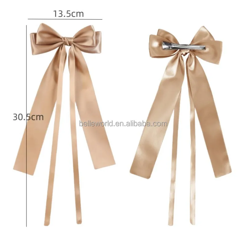 BELLEWORLD customized logo women girls elegant smooth handmade satin ribbon bow hairpins two-layer long ribbon bowknot hair clip