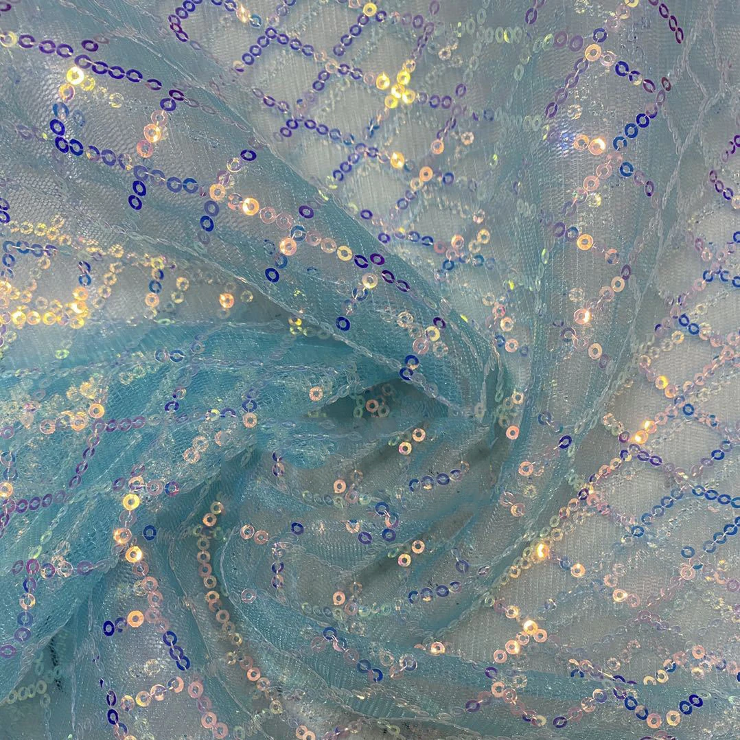 Wholesale Bridal Gown Wedding Party Dress Cloth 3mm Iridescent Sequin Plaid Tulle Lace Crochet Fishnet Fabric