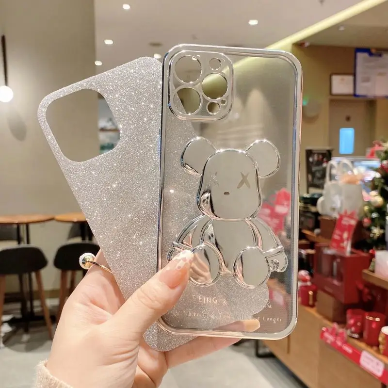 glitter transparent Silicone Lens Protection Cover Cute Bear Plating Phone Case for iPhone13 11 12 xs promax