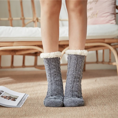 
Christmas womens Knit Soft fleece Shearling Lining and non-slip Tread Sole Great Plush Slip House Slippers socks 