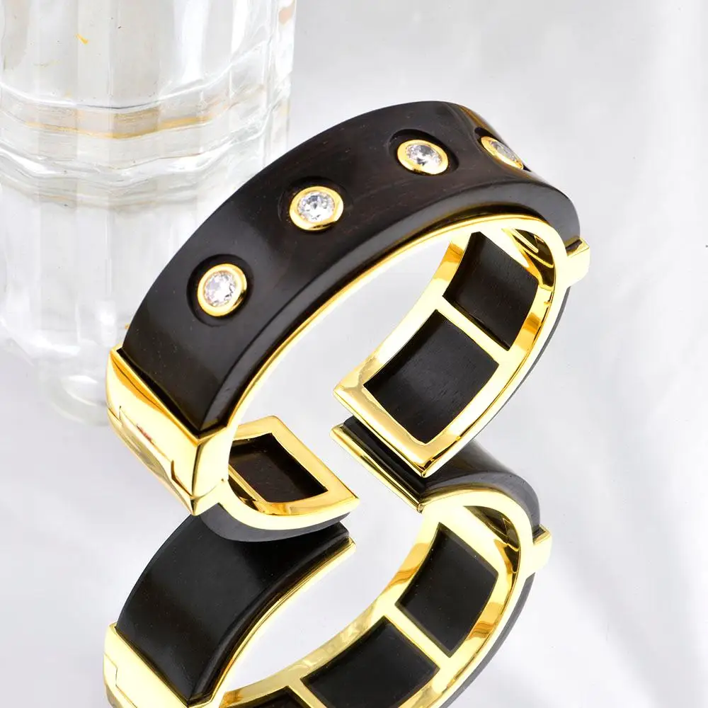 ChinChin Bangles Jewelry Women 18k Gold Plated Copper Brass Black Ebony Wood With CZ Zircon Adjustable Cuff Bangle Jewelry