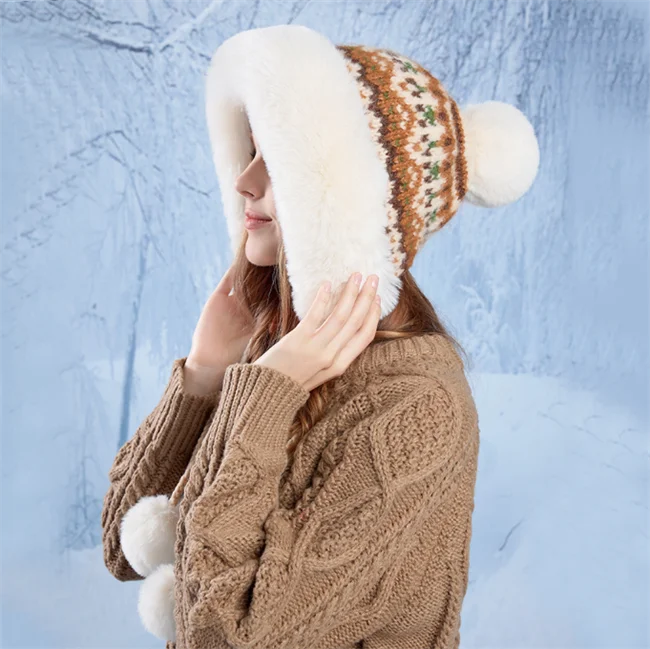 2024 New jacquard winter Large hooded collar big three fur balls acrylic thick fleece plush knitting beanie hat with 5 Colors