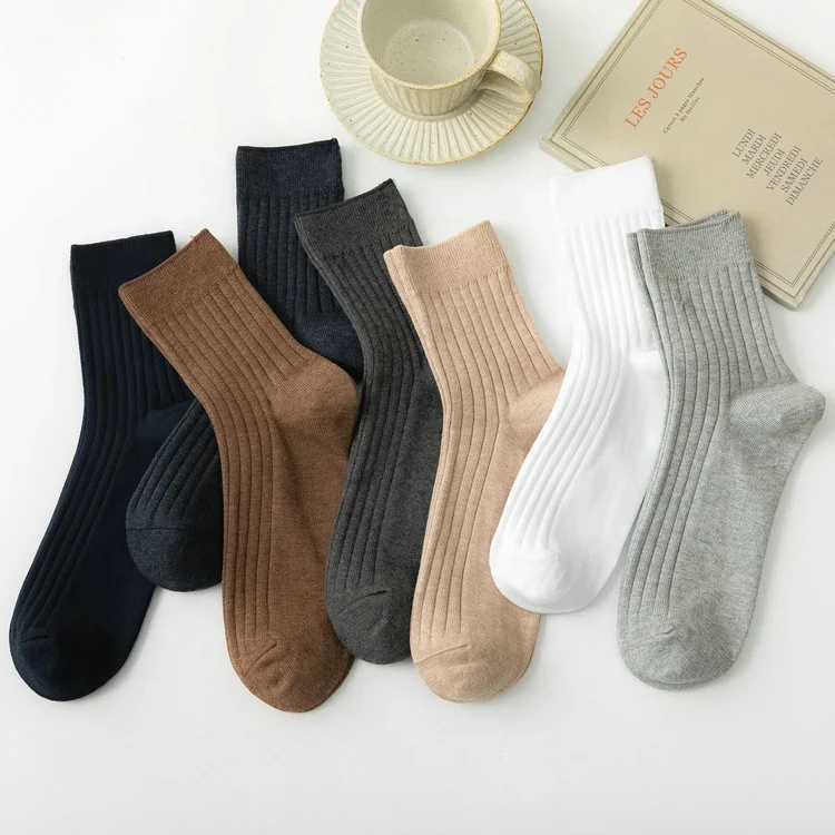 Wholesale Fashionable Plain Black White Brown Ribbed Dress Socks Men 100 Organic Cotton Crew Socks