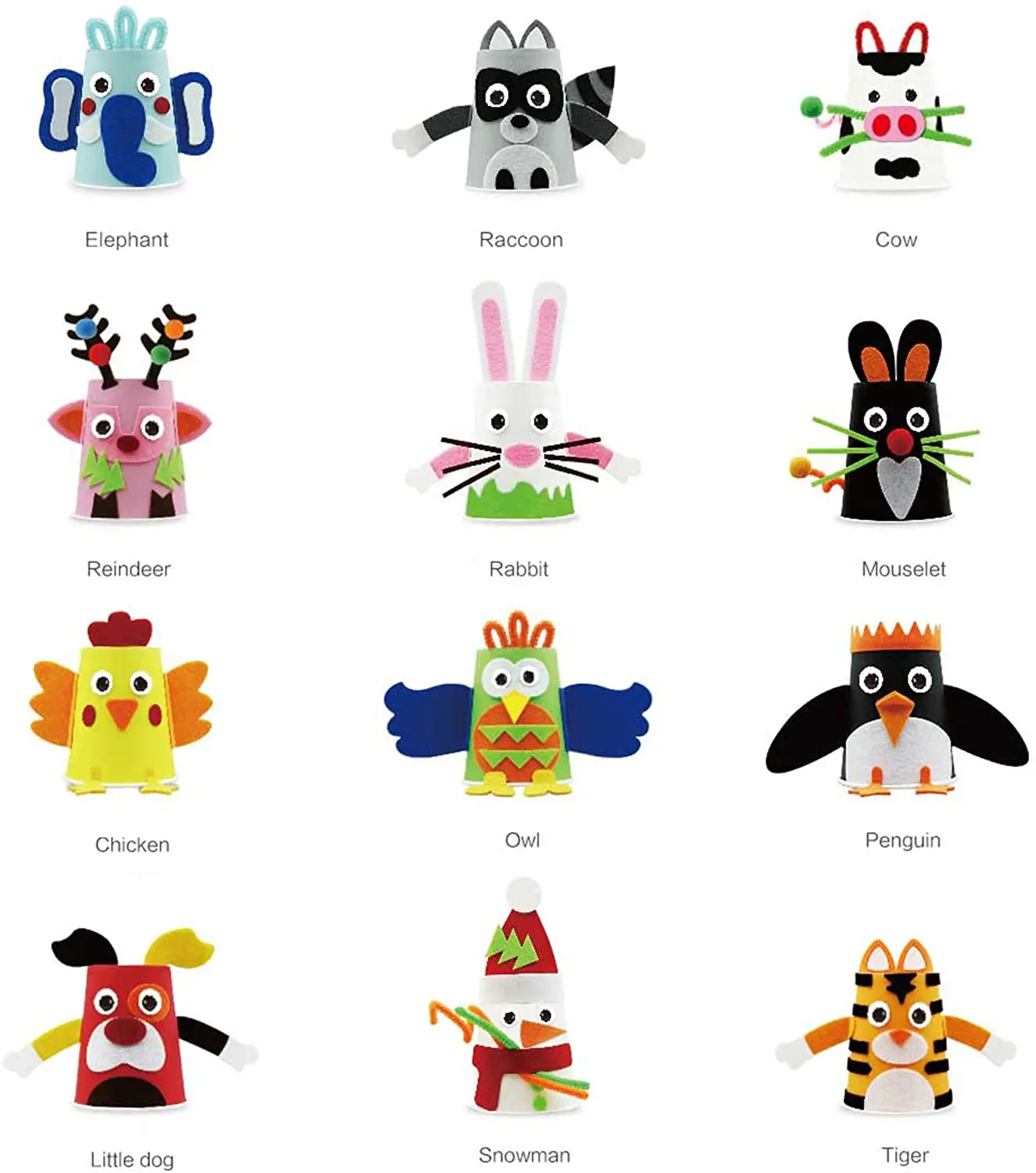 
crafts supplies beginner kids DIY self-adhesive felt sheets assorted cute funny lively shapes decorative paper cups 