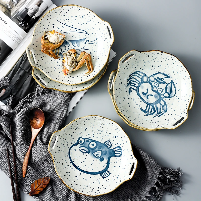 Vintage Design Fish Shrimp Pattern Soy Sauce Dish Wholesale Rustic Seafood Pattern Ceramic Dinner Plates Set