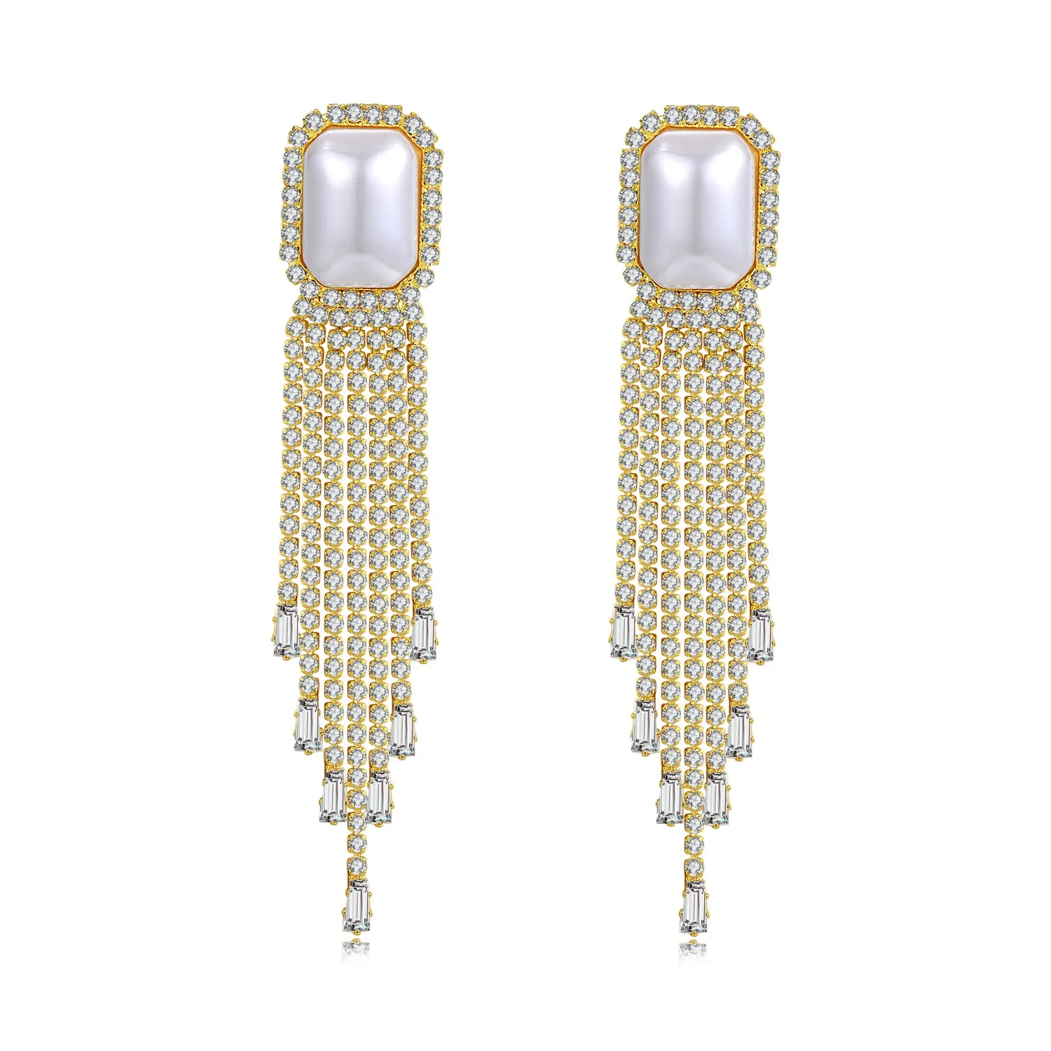 Gemstone Jewelry 18k Gold Plated Crystal Earrings for Women Brass with S925 Post Fashion Square Pearl  Diamond Earrings