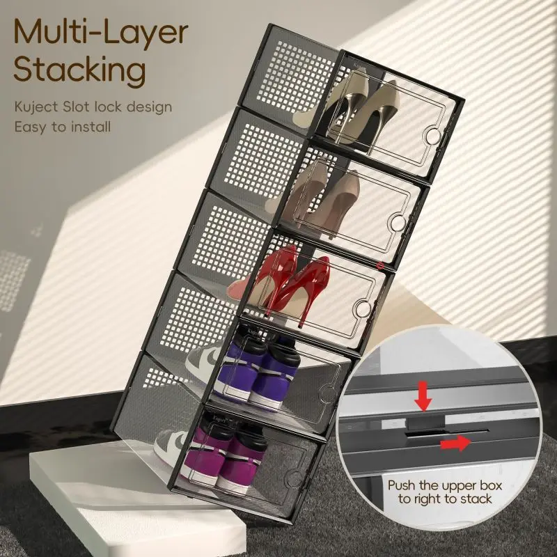 Space Saving Shoe Rack Holder Clear Plastic Stackable Sneaker Containers Large Shoe Storage Boxes Organizers for Closet