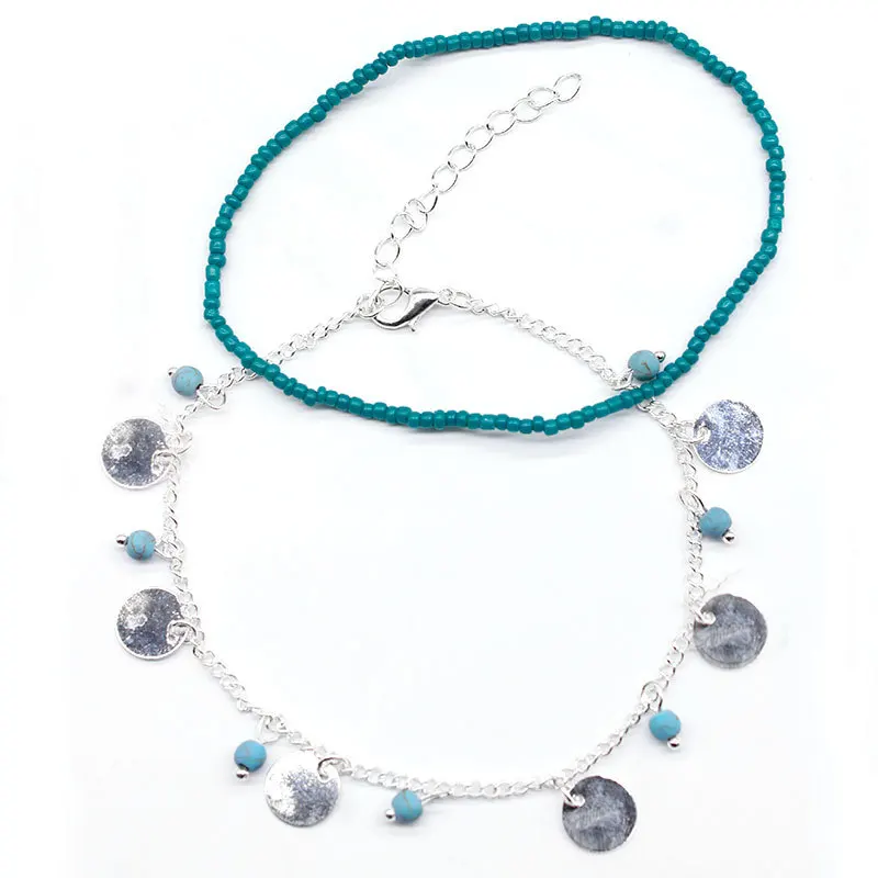 2Pcs Ankle Chain Foot Jewelry Versatile Girls Simple Stylish Design Double Layer Round Disc Turquoise Anklet For Women