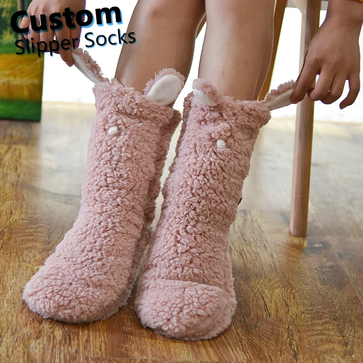 Women Winter  Non Slip   Girl  Knitted Winter Warm Cozy Indoor Floor Home  Crew Fuzzy Cute Rabbit  Slipper Socks With Grips