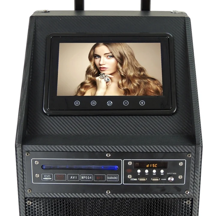 Портативный активный деревянный динамик на колесиках с USB/SD/FM/беспроводным микрофоном/пультом дистанционного управления/экраном 7 или 9 дюймов/DVD/перезаряжаемой батареей