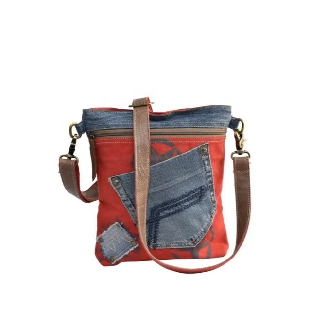 Wholesale Red Canvas Tote Beach Bag Stripes Handbag Leather Adjustable Strap Jeans Sling Bag For Women
