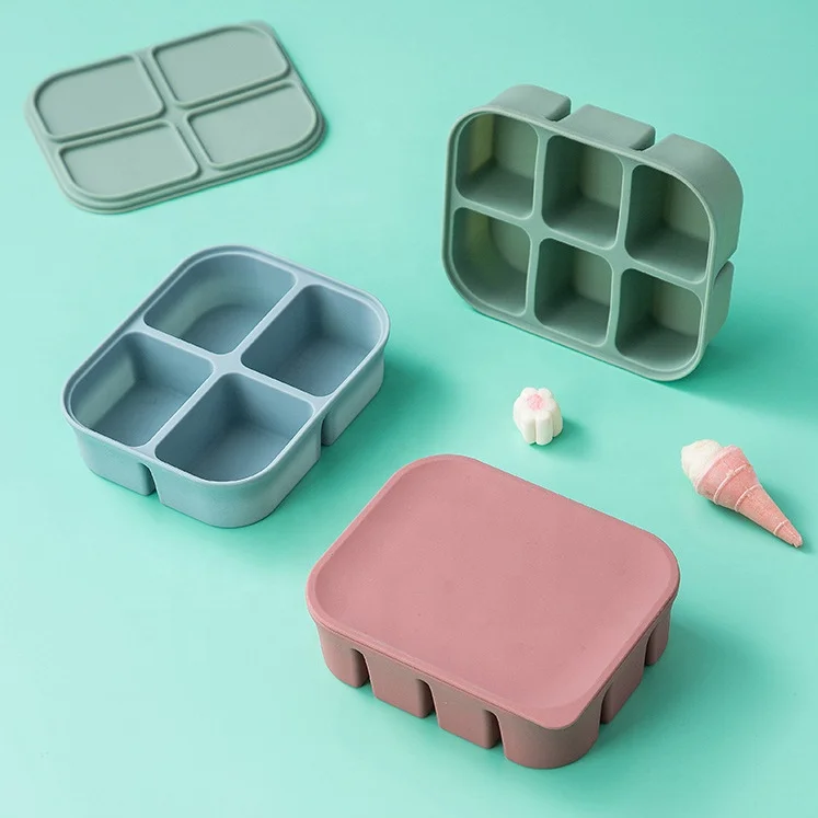 Wholesales BPA Free Safe Baby Food Storage Containers Food Grade Soft Silicone Freezer Ice Cube Tray With Silicone Lid