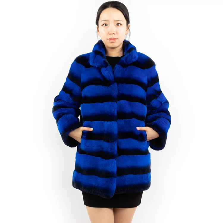 blue color chinchilla fur coat women winter genuine rex rabbit fur coat