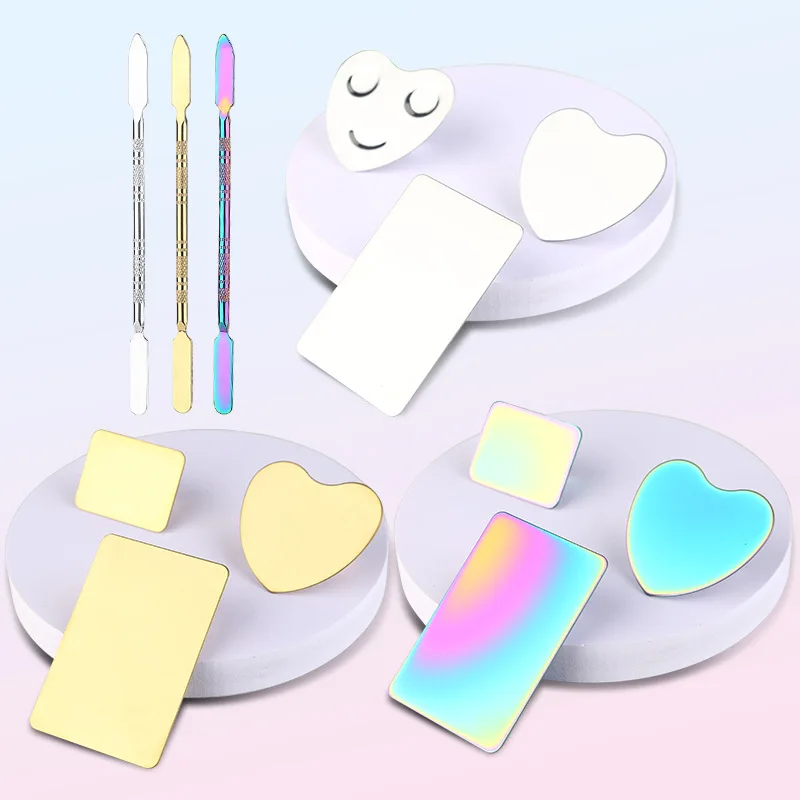 Stainless Steel Nail Art Mixing Palette Ring with Spatula Tool for Manicure Mimi Cosmetic Mixing Palette with Spatula for makeup