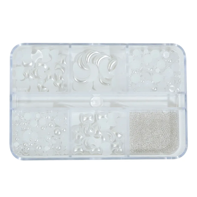 Nail art accessories with a mix of flat-bottomed pearls steel beads moon and bow decorations packaged for 3D nail embellishments