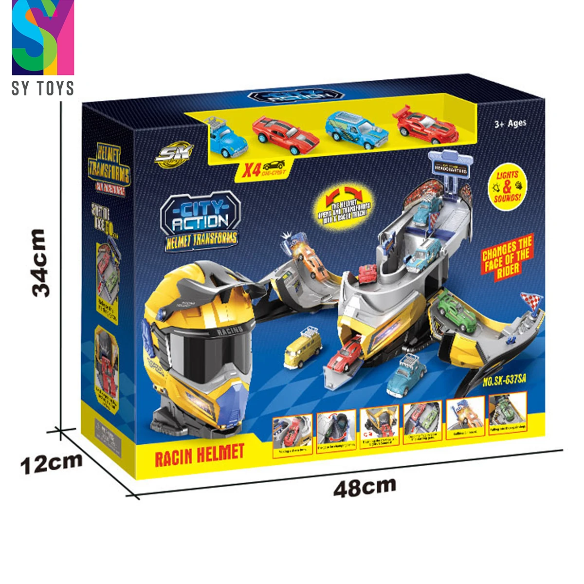 SY TOYS 2 1 Multi-Function Deformation Helmet New Parking Lot Toys Car Garage Set Boys Storage Vehicle Parking Lot Metal Plastic