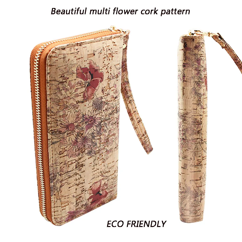 Boshiho  2021 Hot Style  RTS custom beautiful multi flower pattern women gifts long zipper vegan cork wallet