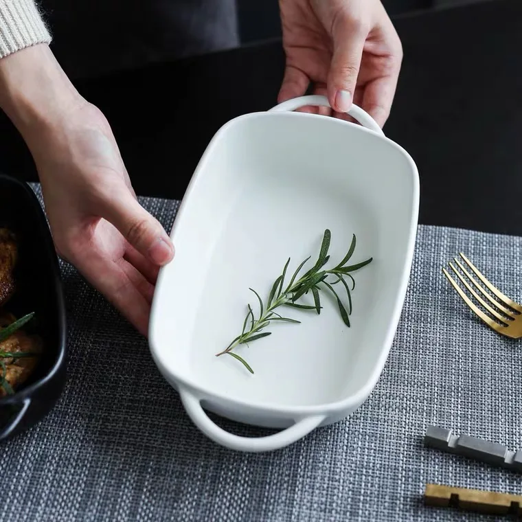 Rectangular cake microwave bakeware ceramic dinner set nordic baking plate porcelain bakeware with handle baking dish