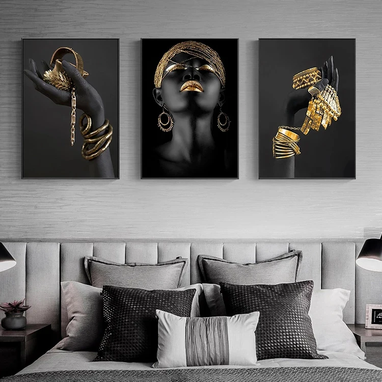 Low-cost Wholesale 3 Panels Black African Posters And Prints Wall Art Picture African Canvas Painting