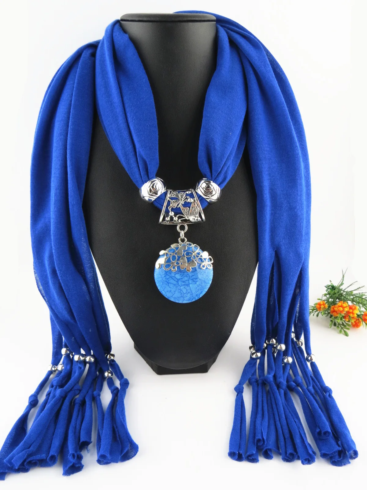 Pendant jewelry scarf polyester solid color tassel fringed resin pendant jewelry scarf for women