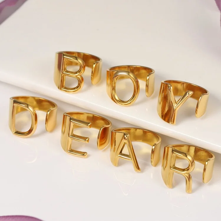 
factory price high quality 18k gold plated stainless steel letter rings vacuum plating chunky bold alphabet adjustable rings 