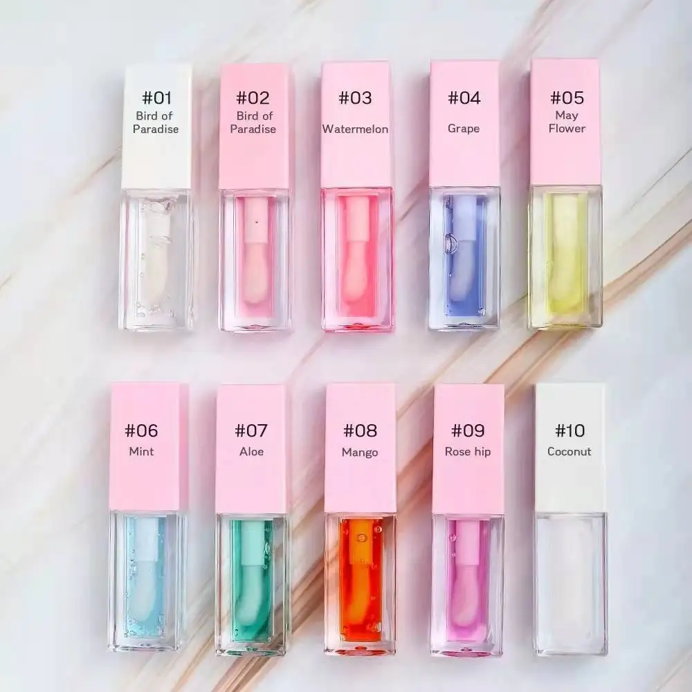 Private Label Vegan Beauty 10 Flavor Fruit Lip Oil Lip Plumper Lip Oil With Pink And White Lid Tube