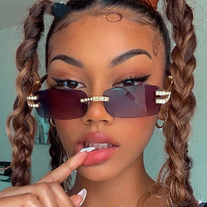 RS2093 Luxury Diamond Rhinestone Shades Sunglasses Brand Designer Fashion Buffalo Horn Sunglasses Rimless