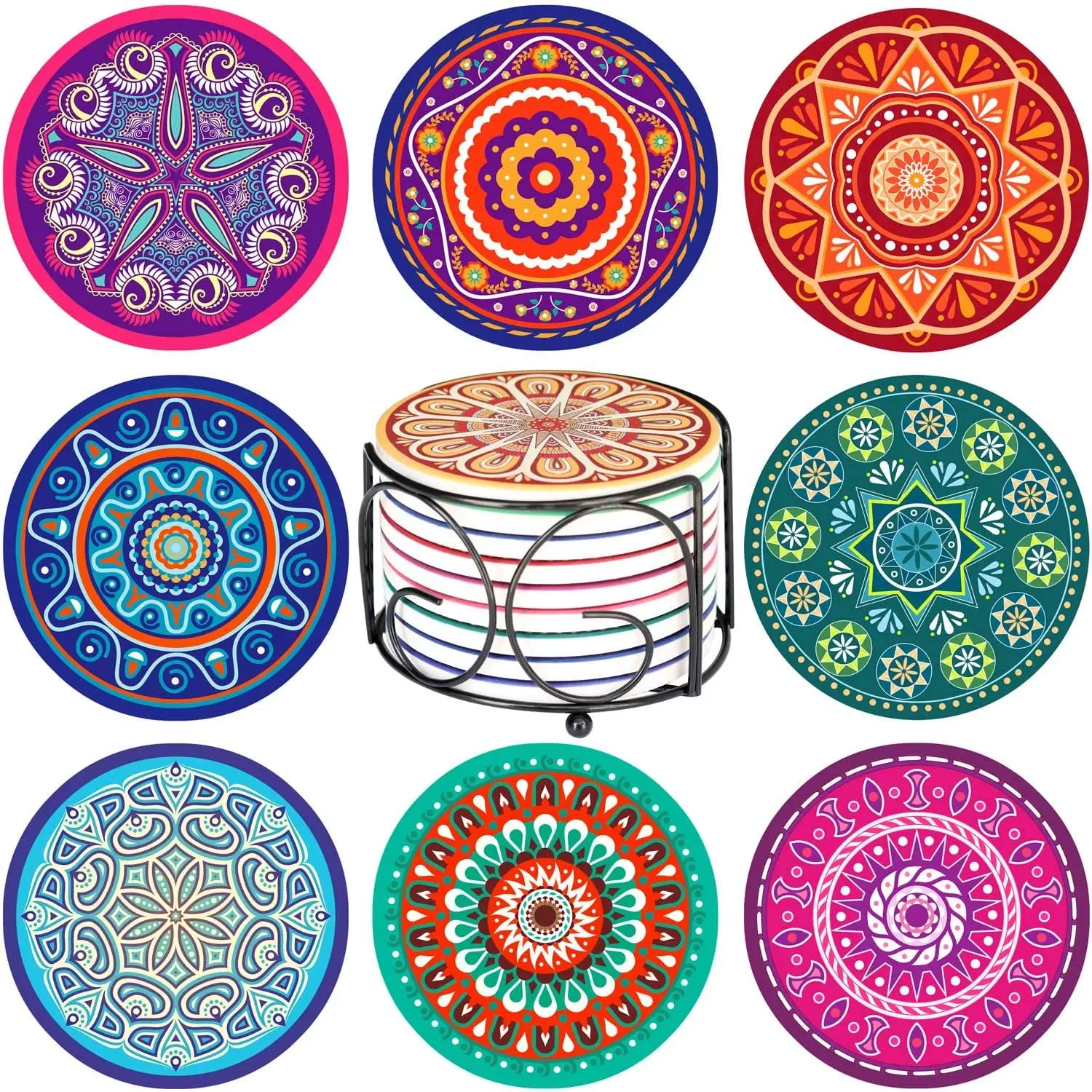Absorbing Stone Mandala Coasters with Cork Base and Metal Holder for Home Office Table, Bar Decor, perfect for Gift