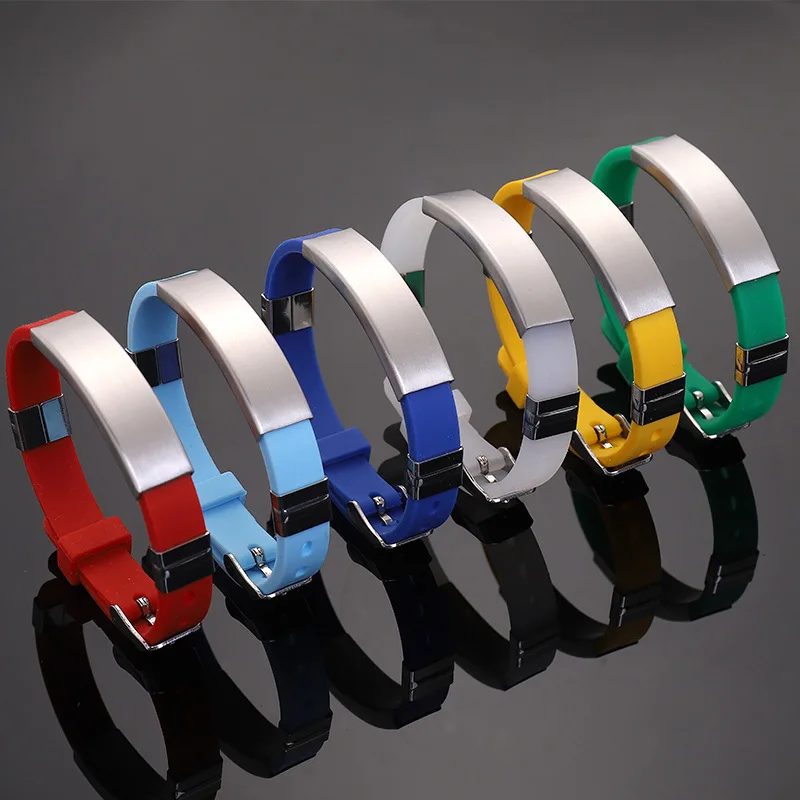 Custom Engraved Stainless Steel Plate Rubber Watchband Armband Adjustable Silicone Wristband Bracelet