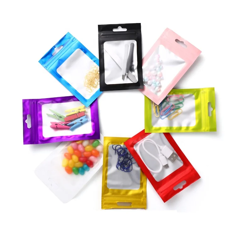 multicolor mylar bags with clear window and hang hole