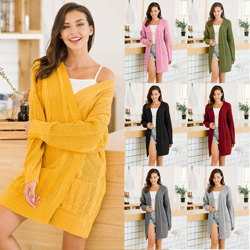 
2021 New Mid-length womens plus size double-pocket twist knitting sweaters cardigan 