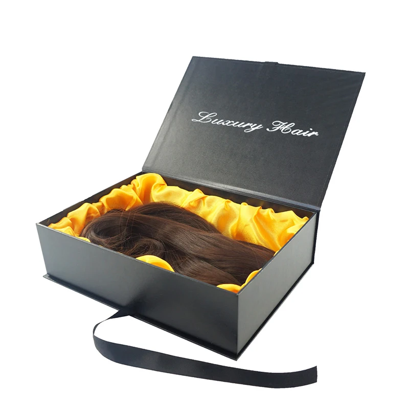Luxury Design Private Label Rigid Cardboard Empty Wig Weave Packaging Hair Extension Paper Box With Silk ribbon